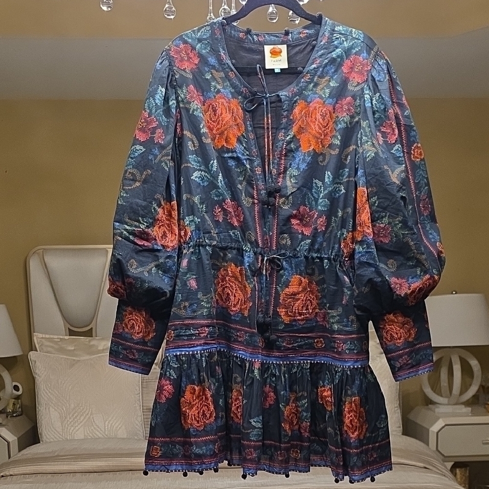 FARM Rio Black Floral Tapestry Mini Dress with Red Roses - Picture 3 of 16